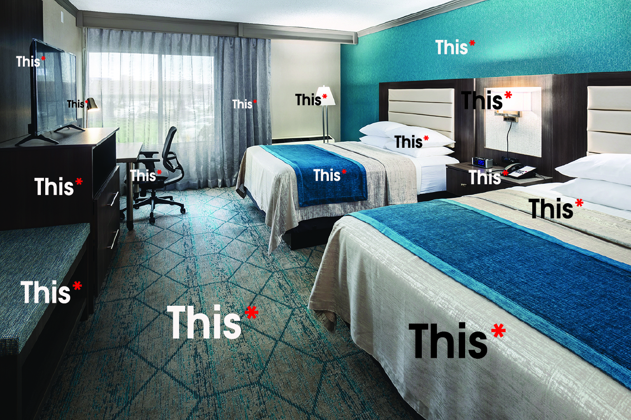 A fully-furnished hotel room with the word "this" superimposed over every piece of furniture and fabric.